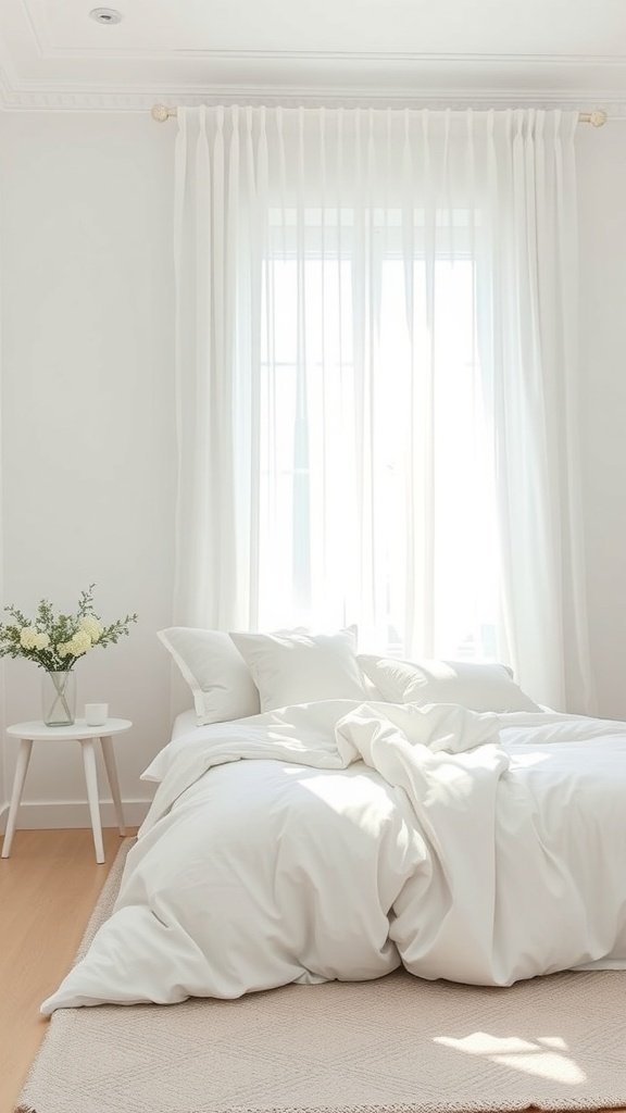 A bright and airy white bedroom with soft bedding and natural light
