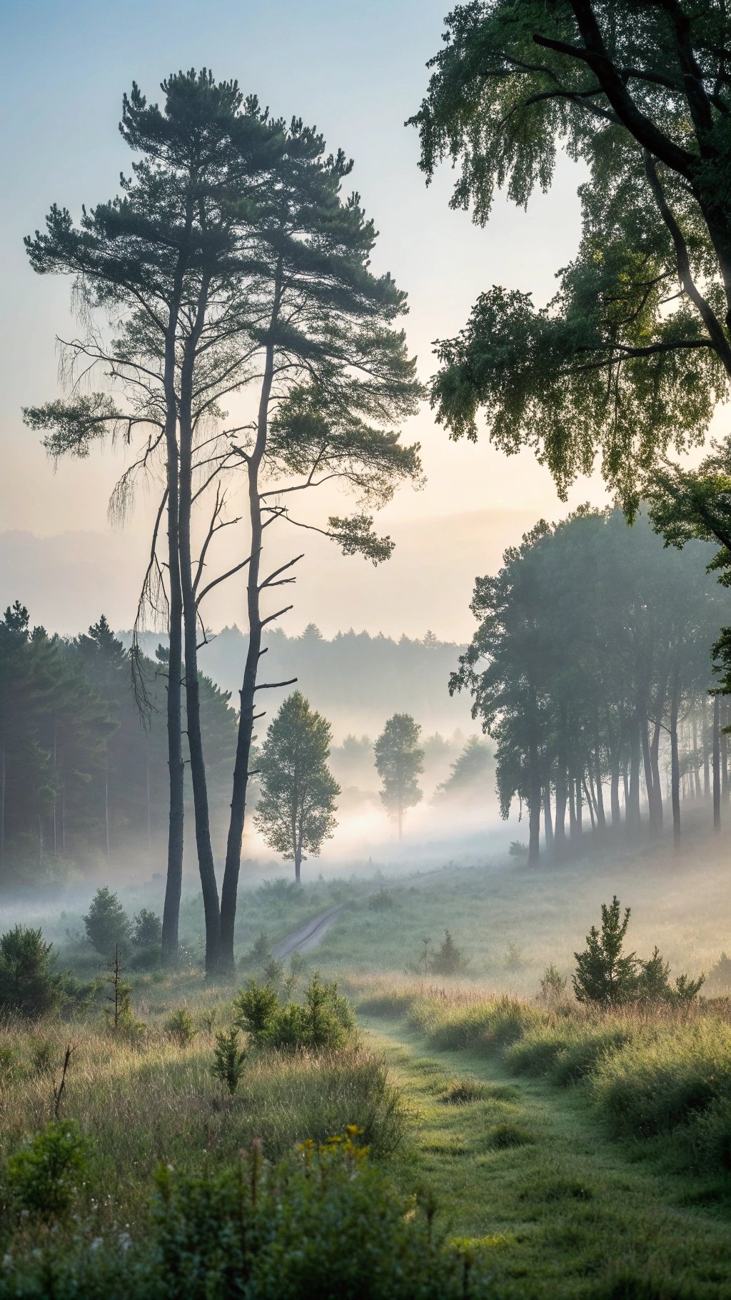 A serene morning landscape with tall trees and a blanket of fog
