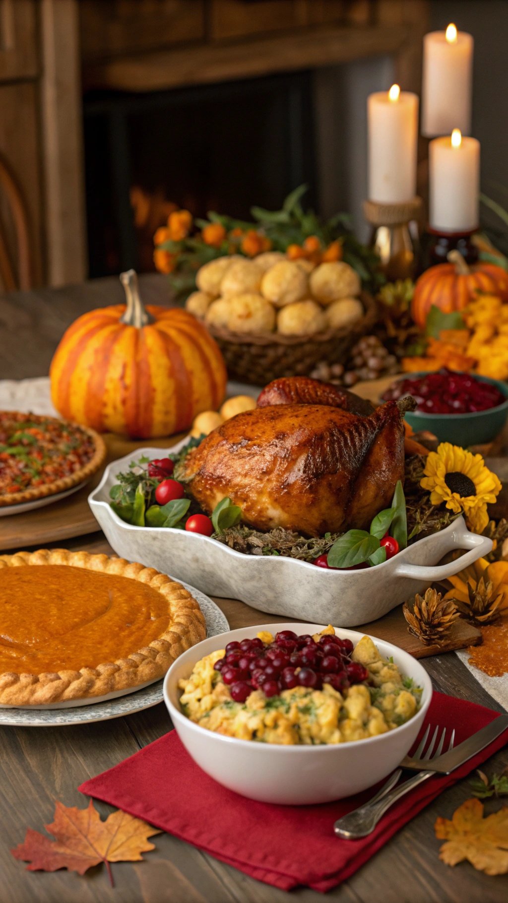 A beautifully arranged Thanksgiving feast with a roasted turkey, pumpkin pie, stuffing, and seasonal decorations.