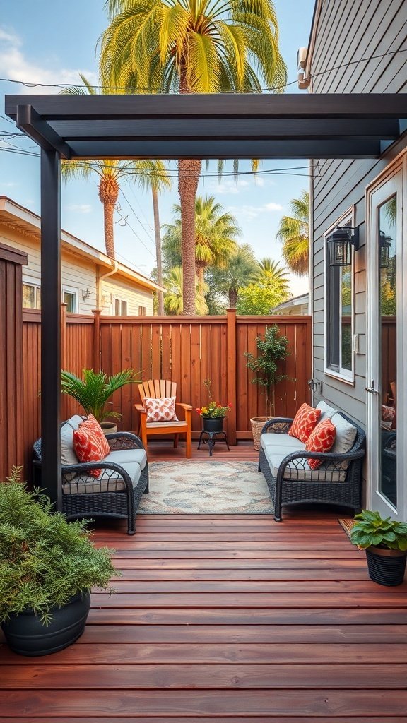 A small patio with a wooden deck, featuring wicker chairs, colorful cushions, and palm trees in the background.