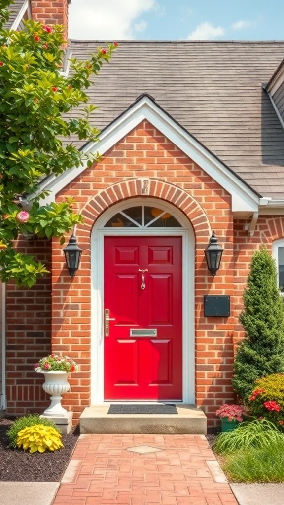 A bright red front door on a brick house surrounded by greenery and flowers.