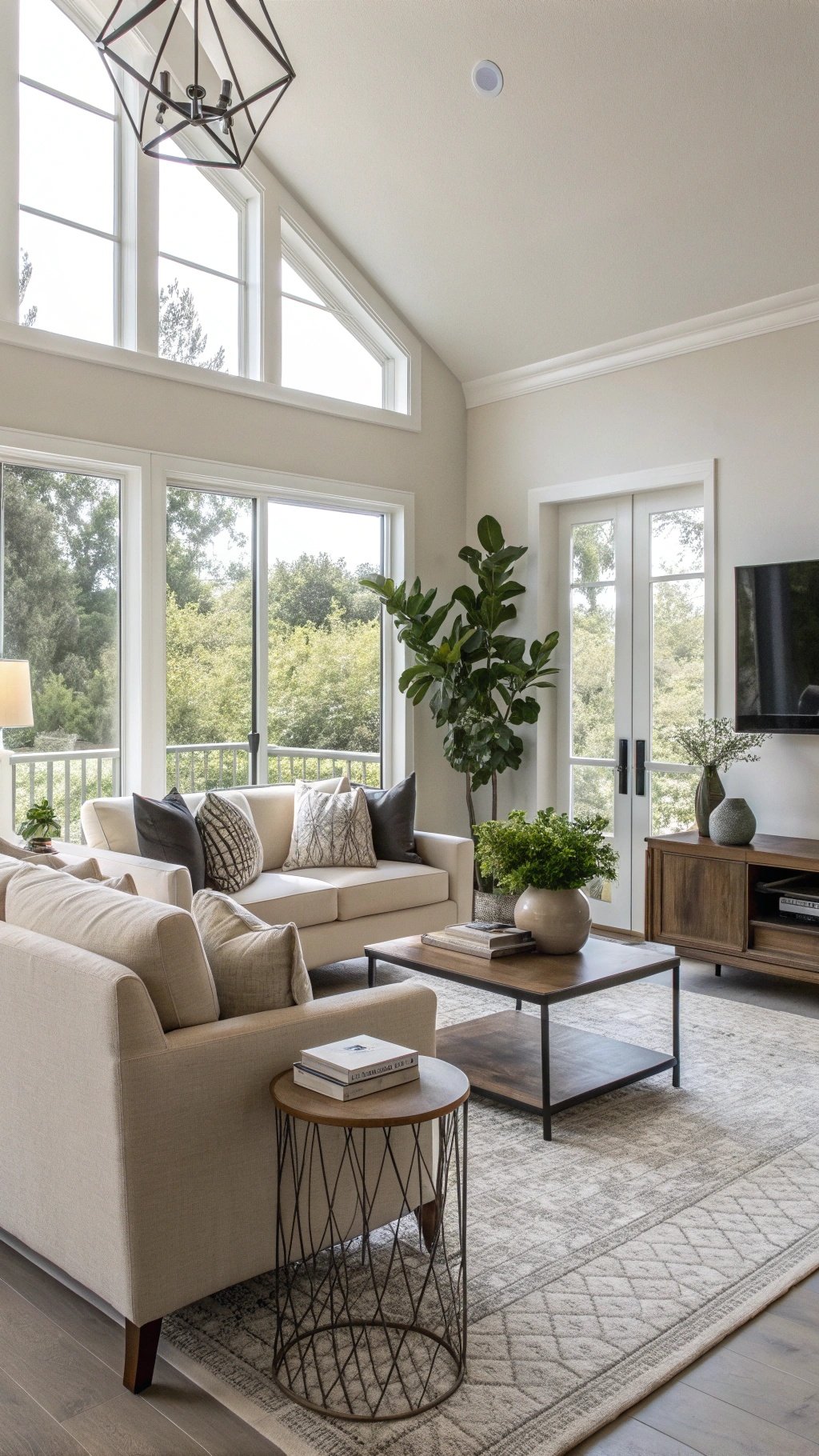 A minimalist living room with large windows, a cozy beige sofa, and plants.