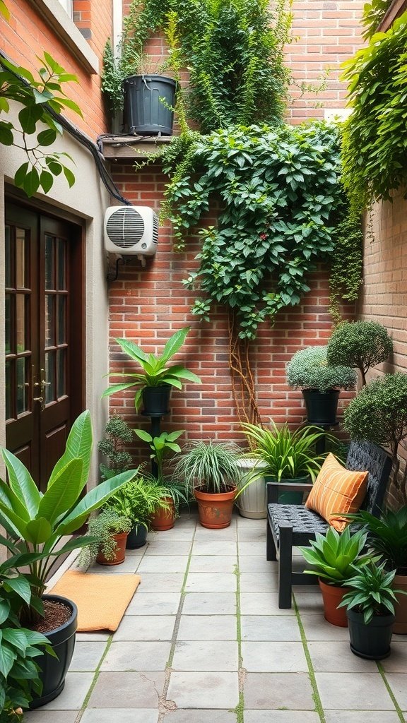 A cozy tiny courtyard garden filled with potted plants and a bench.