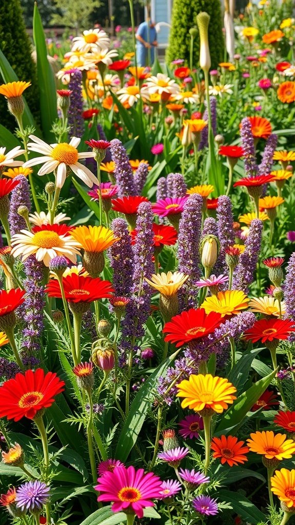 A vibrant garden filled with various full sun perennials in bloom, showcasing colorful flowers like daisies and gerbera daisies. Gardening Tips
