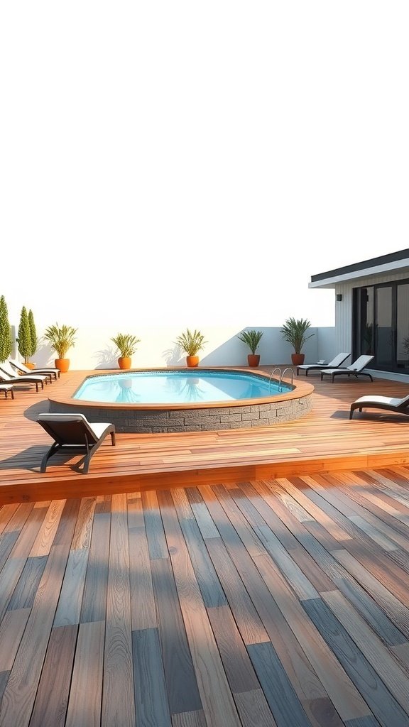 A stylish above-ground pool deck with wooden planks, lounge chairs, and potted plants.