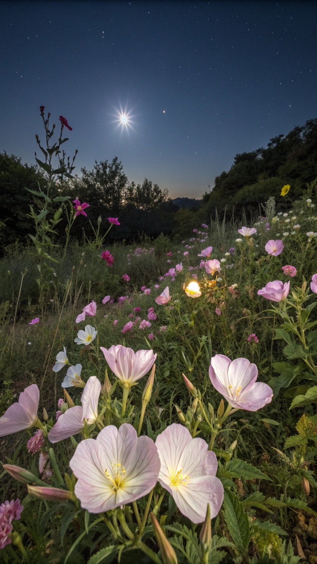 A field of night-blooming flowers under a starry sky, showcasing pink and white blooms illuminated by moonlight.