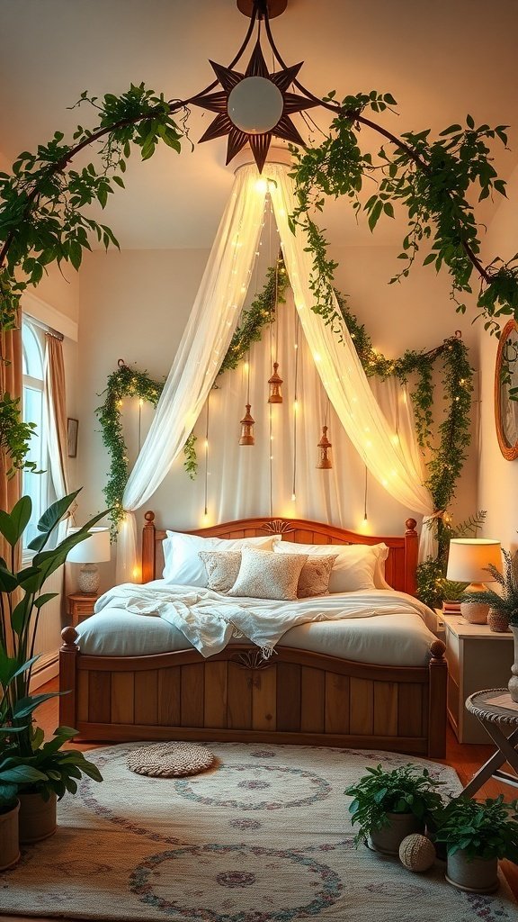 A beautifully designed bedroom featuring a fantasy bed with drapes and plants.