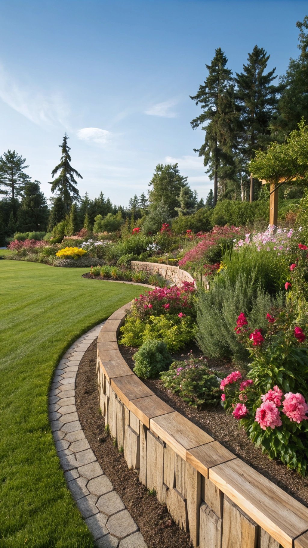 A garden with curved stone and wood lawn edging, surrounded by colorful flowers and a green lawn.