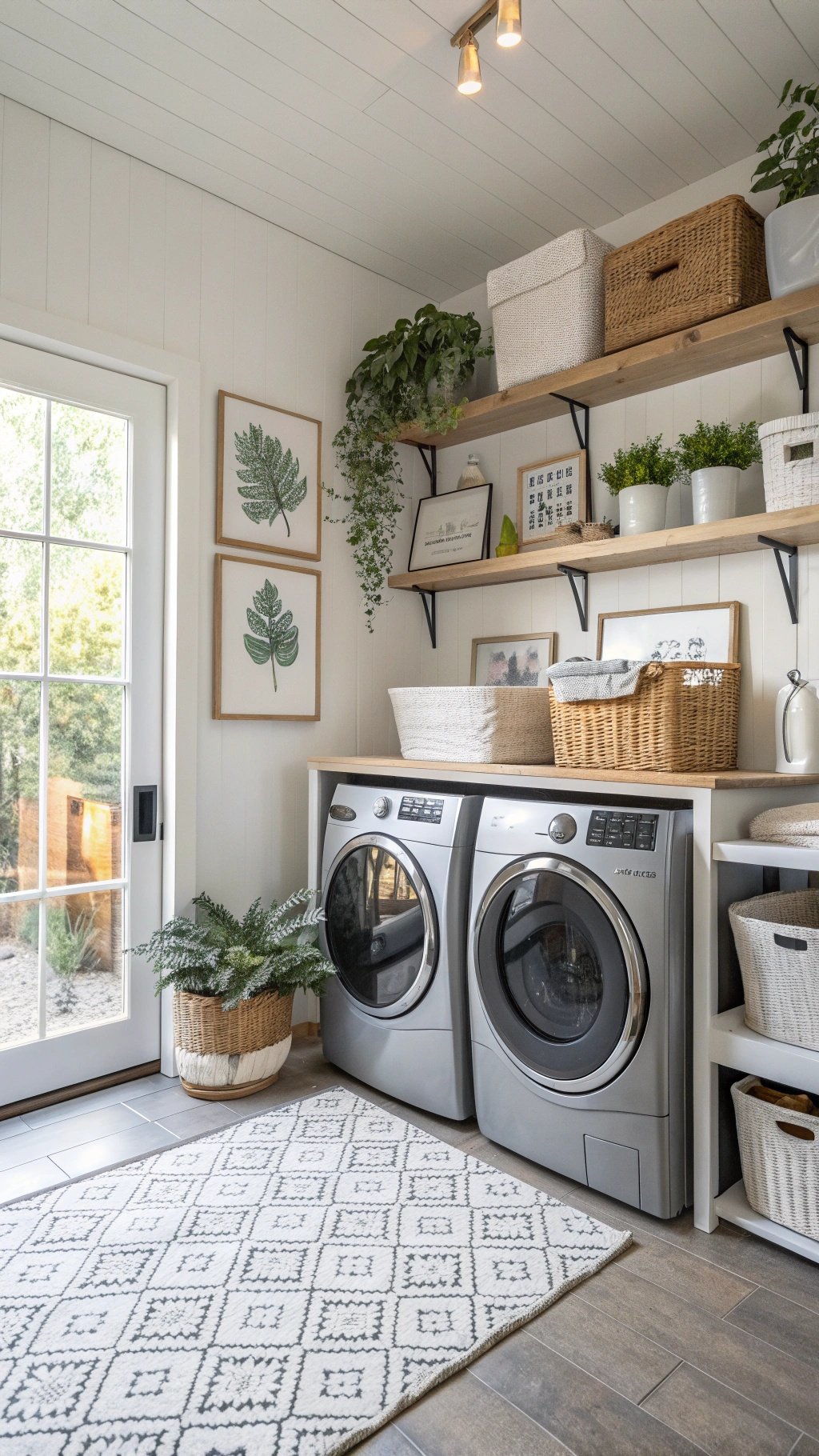 A stylish small laundry room with modern appliances, open shelving, and decorative plants.