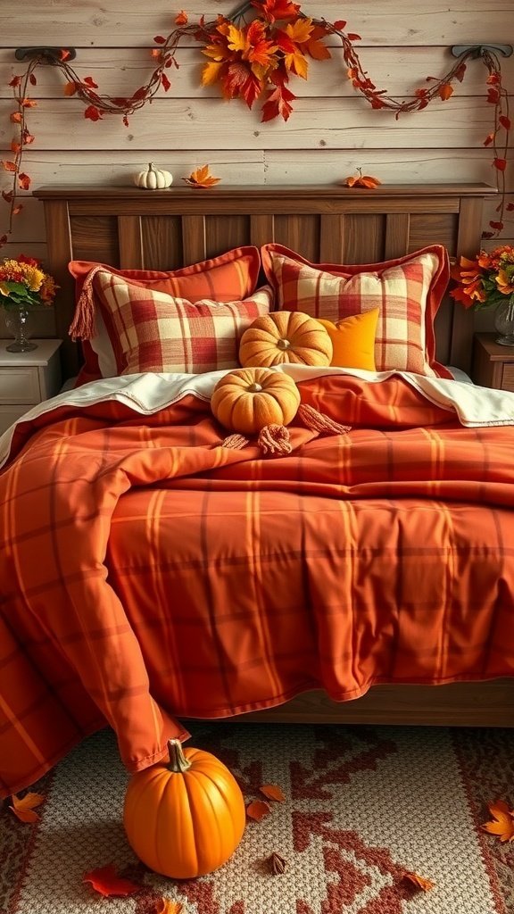 A cozy queen-sized fall bedding set featuring warm orange tones and plaid patterns, decorated with pumpkins and autumn leaves.