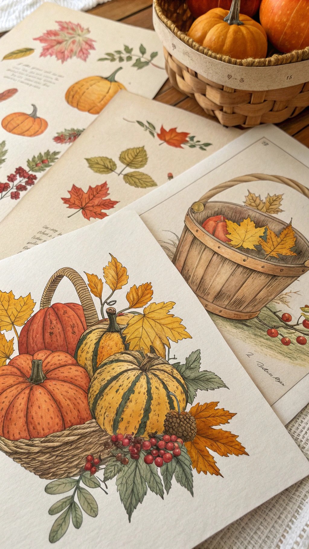 Vintage fall illustrations featuring pumpkins and autumn leaves