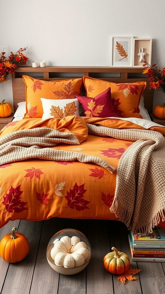 Cozy fall bedding set with autumn leaf patterns, pumpkins, and a warm throw blanket.