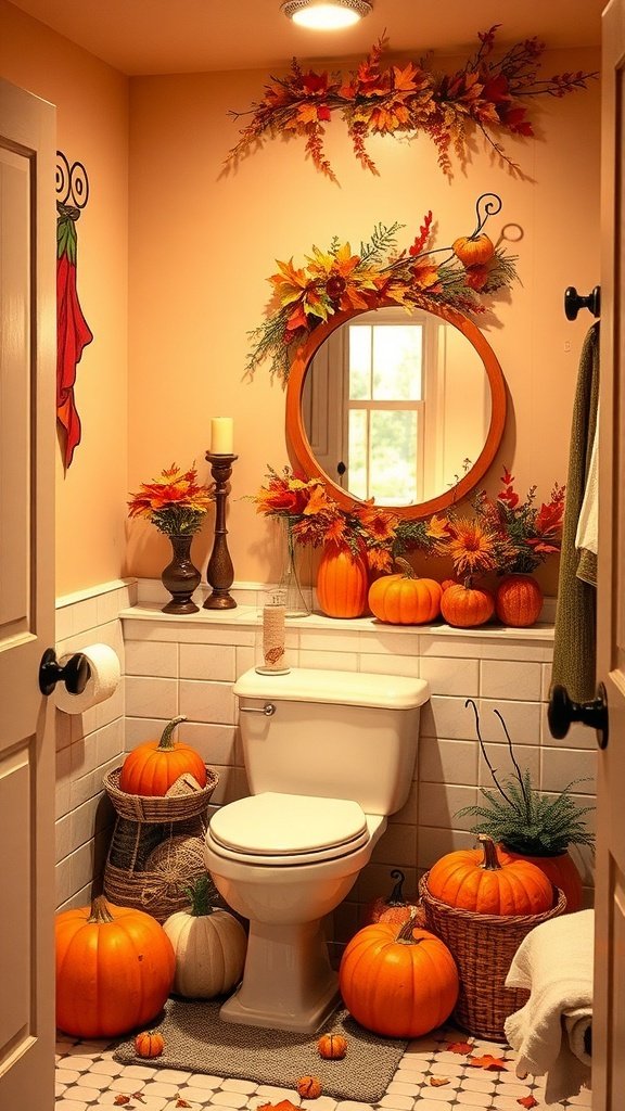 A cozy bathroom decorated with pumpkins and autumn leaves.