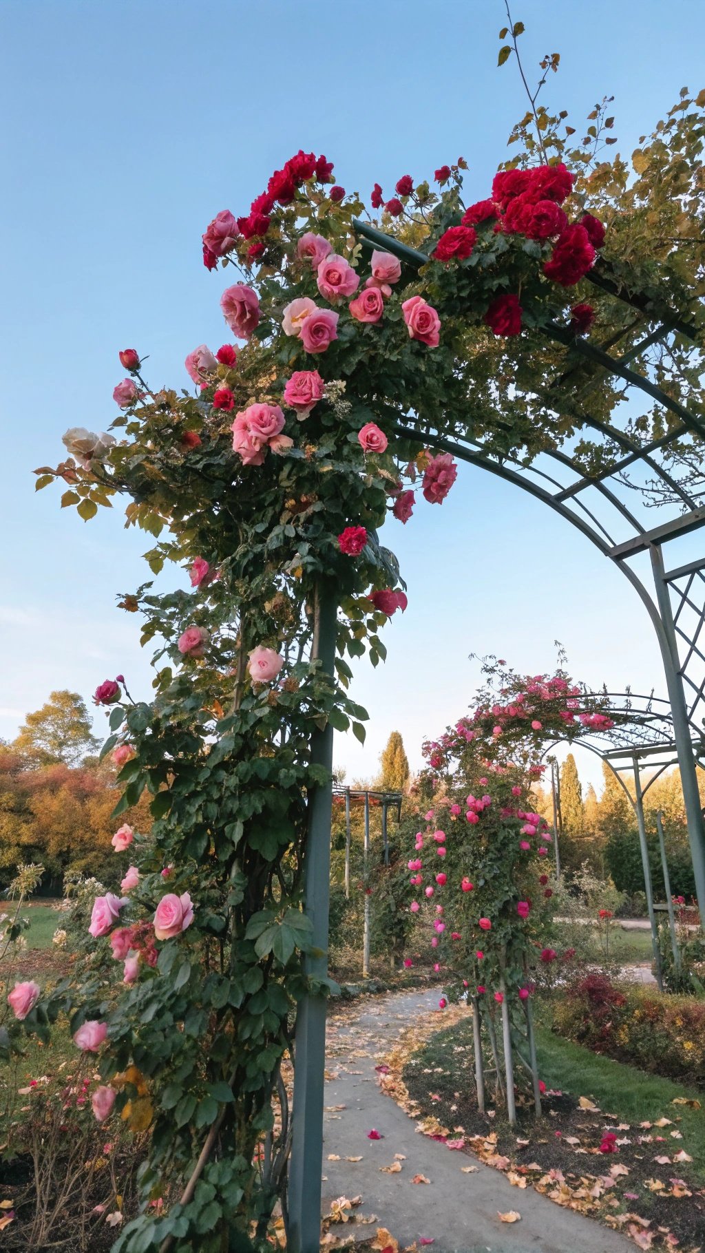 A trellis covered with blooming climbing roses in shades of pink and red.
