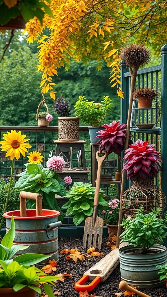 A vibrant garden scene with colorful plants, gardening tools, and autumn leaves. Garden and Outdoor Inspirations