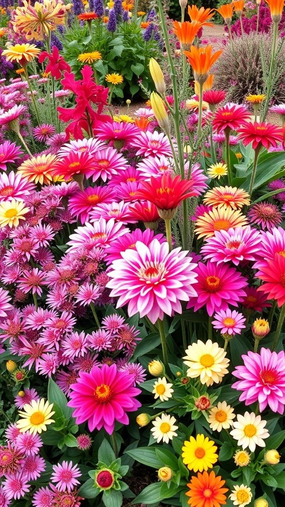 A vibrant display of long blooming perennials in various colors, including pink, yellow, and orange flowers.