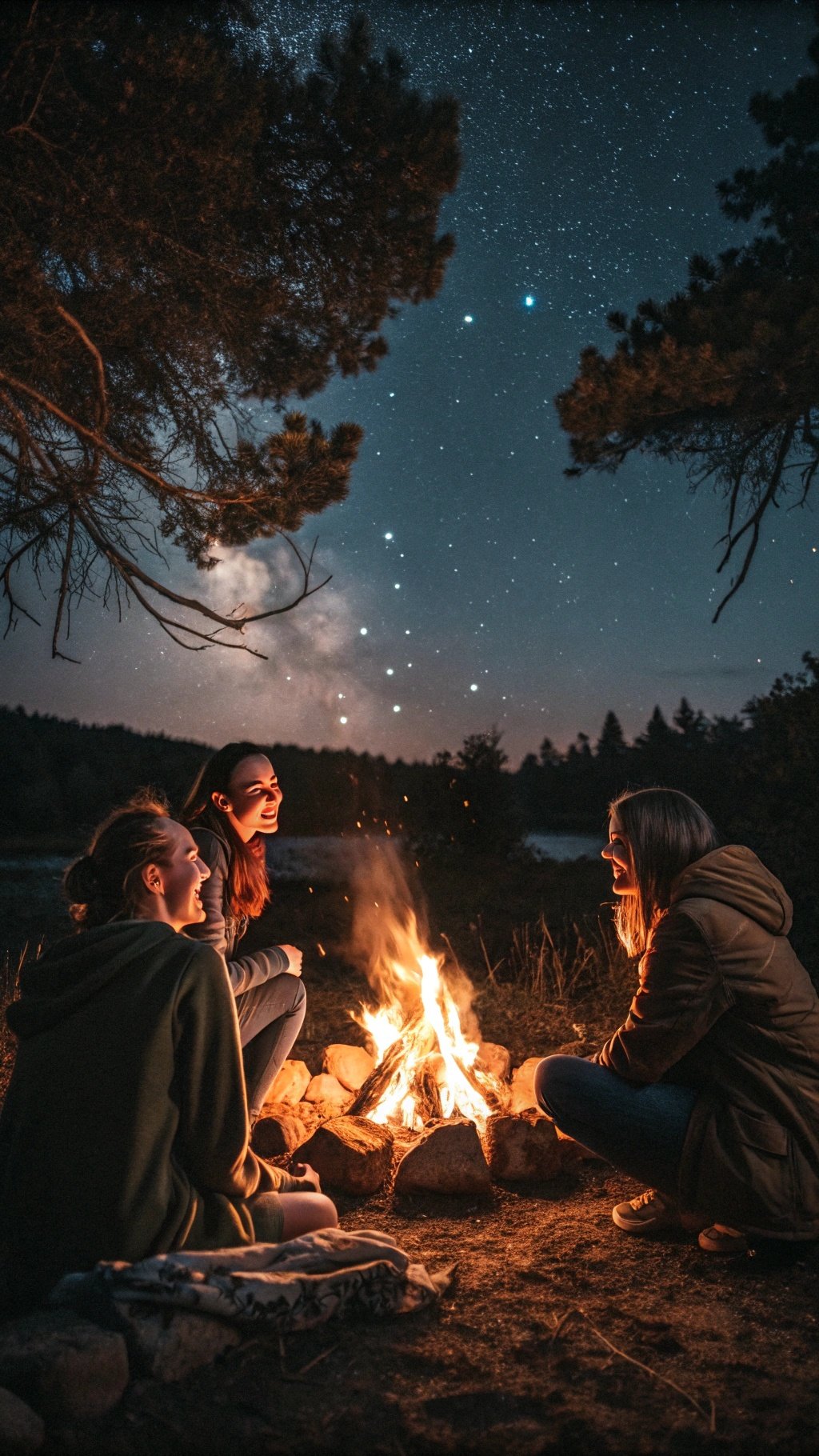 Three friends sitting around a bonfire under a starry sky