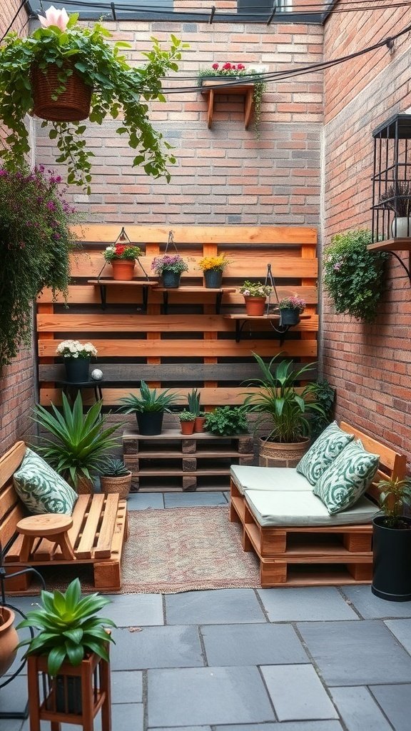 Eco-friendly small patio with pallet seating and plants