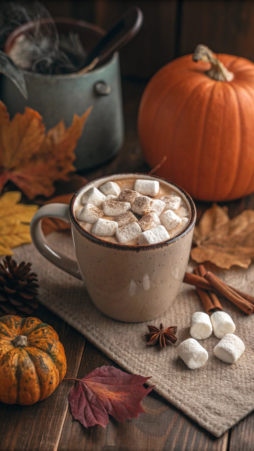 A cozy mug of hot cocoa topped with marshmallows, surrounded by autumn leaves and a small pumpkin.
