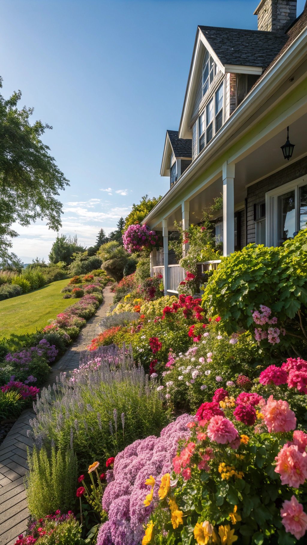 Colorful flower beds in front of a house with a pathway