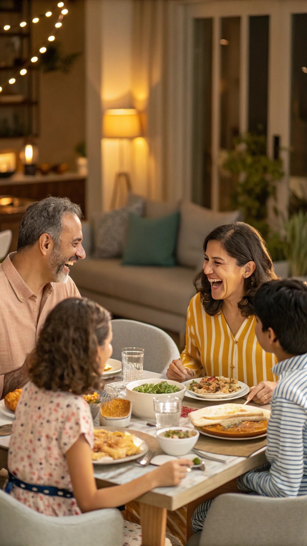 A joyful family gathering around a dinner table during Thanksgiving, sharing laughter and a meal.