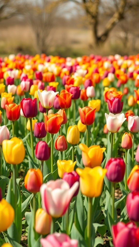 A vibrant field of tulips in various colors, showcasing their beauty in spring.