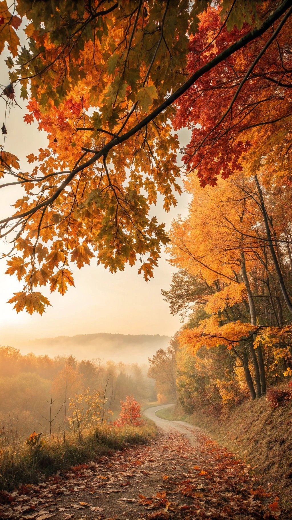 A scenic view of a winding path surrounded by vibrant fall foliage in warm hues of orange, red, and yellow.
