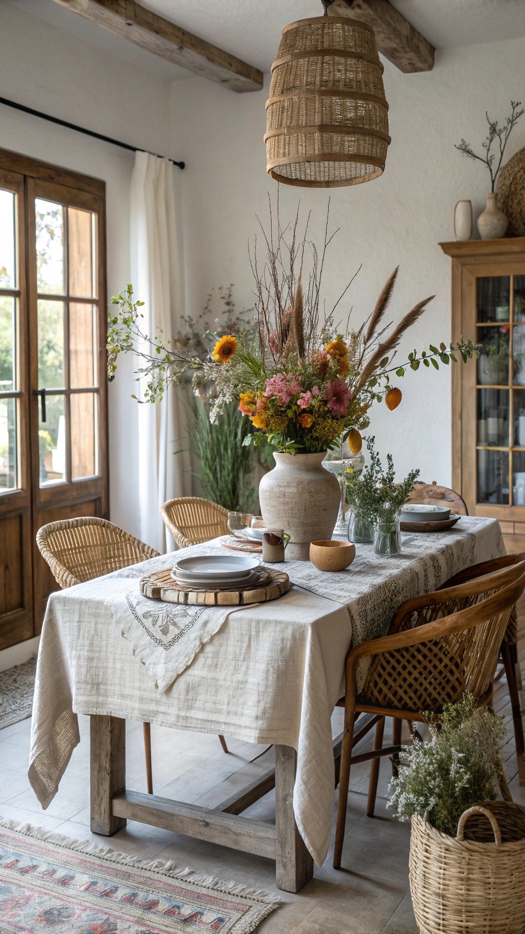 A cozy Wabi-Sabi dining room featuring a wooden table, woven chairs, and a beautiful floral centerpiece.