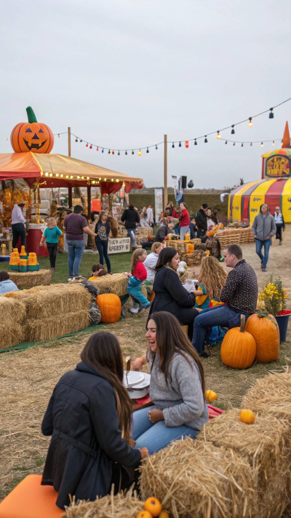 A lively harvest festival scene with families enjoying hay bales, pumpkins, and festive lights.