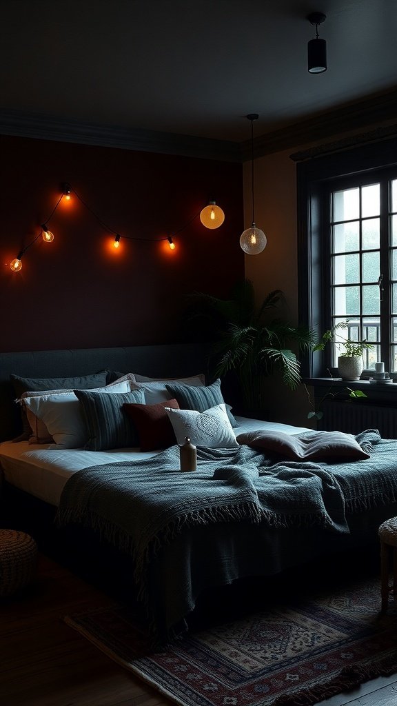A cozy boho dark moody bedroom with warm lighting and layered bedding.
