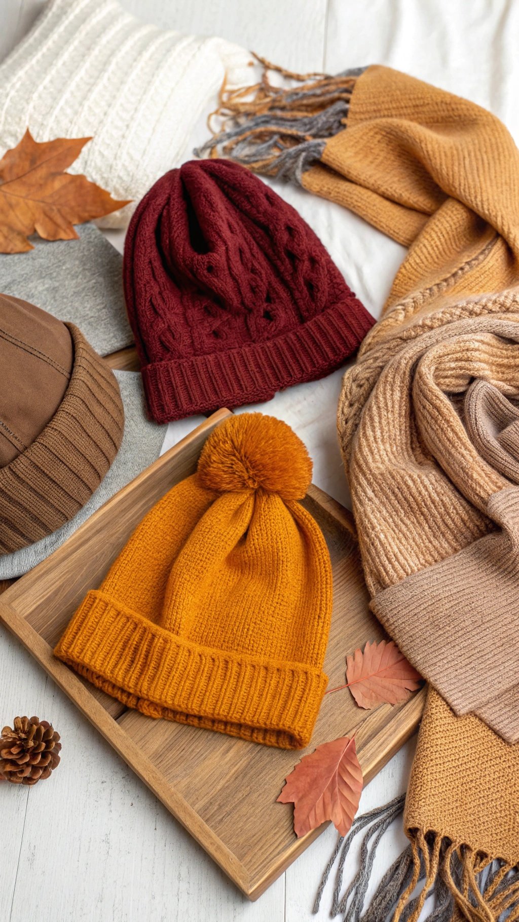 An assortment of woolen scarves and hats in autumn colors, including burgundy and orange, arranged on a wooden tray with pine cones and leaves.