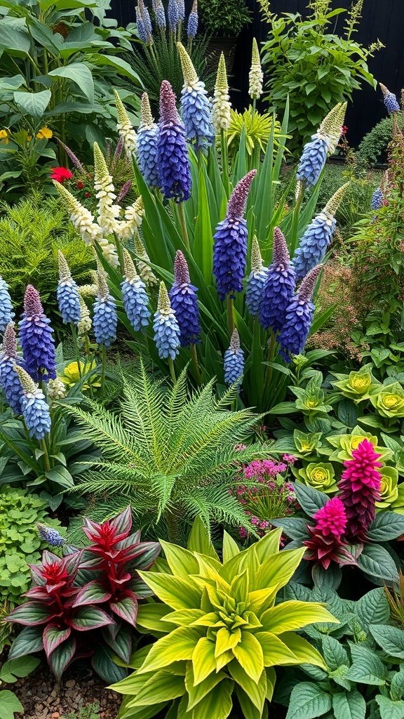 A colorful garden featuring various hardy perennials with blue and purple flowers, lush green foliage, and vibrant accents.