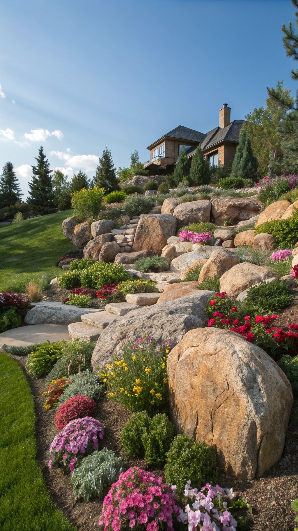 A garden featuring large boulders surrounded by colorful flowers and greenery.