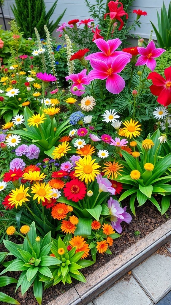 A colorful corner flower bed filled with various flowers including daisies, lilies, and gerbera daisies.