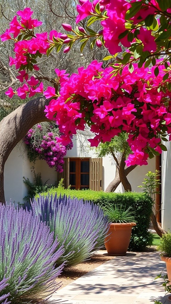 A vibrant Mediterranean garden featuring bougainvillea and lavender.