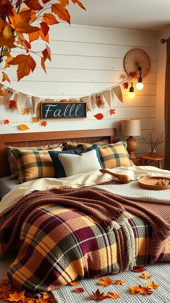 A cozy bedroom decorated for fall with plaid bedding, autumn leaves, and warm lighting.