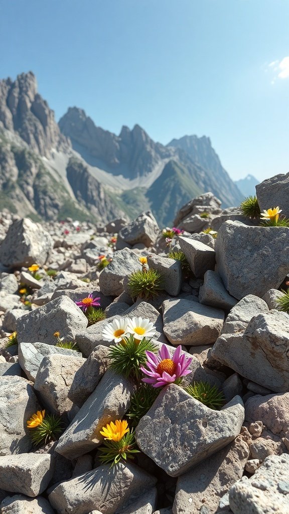 Colorful alpine flowers growing among rocks with mountains in the background