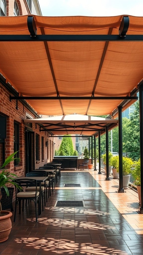 A modern patio cover with orange fabric over a brick patio, showcasing seating and greenery.