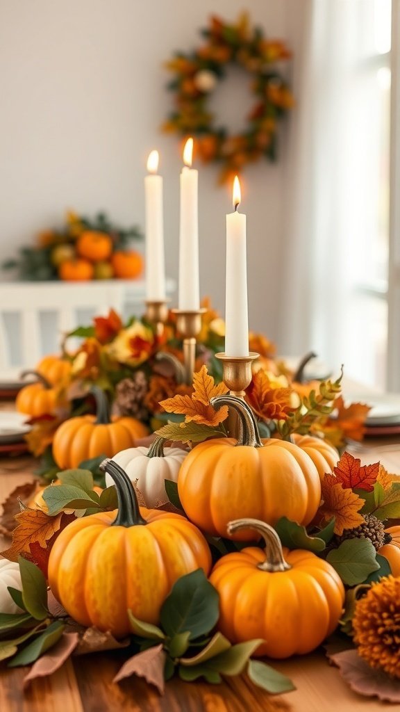 A fall table centerpiece with pumpkins, candles, and autumn leaves.
