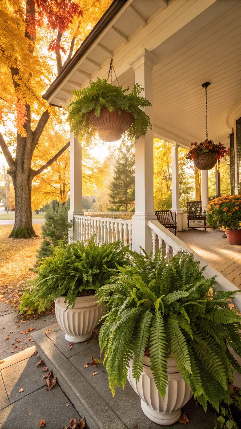 A front porch adorned with lush ferns in decorative pots, surrounded by autumn foliage.
