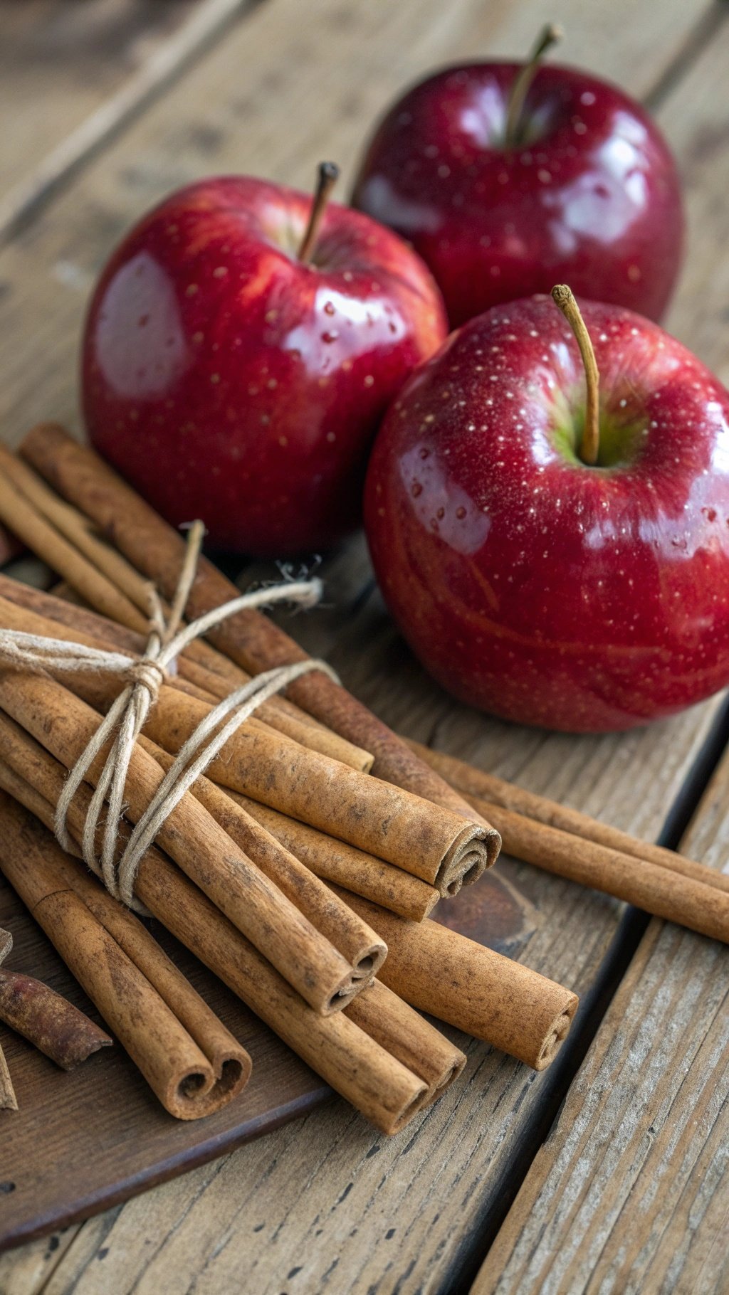 Red apples and cinnamon sticks on a wooden surface