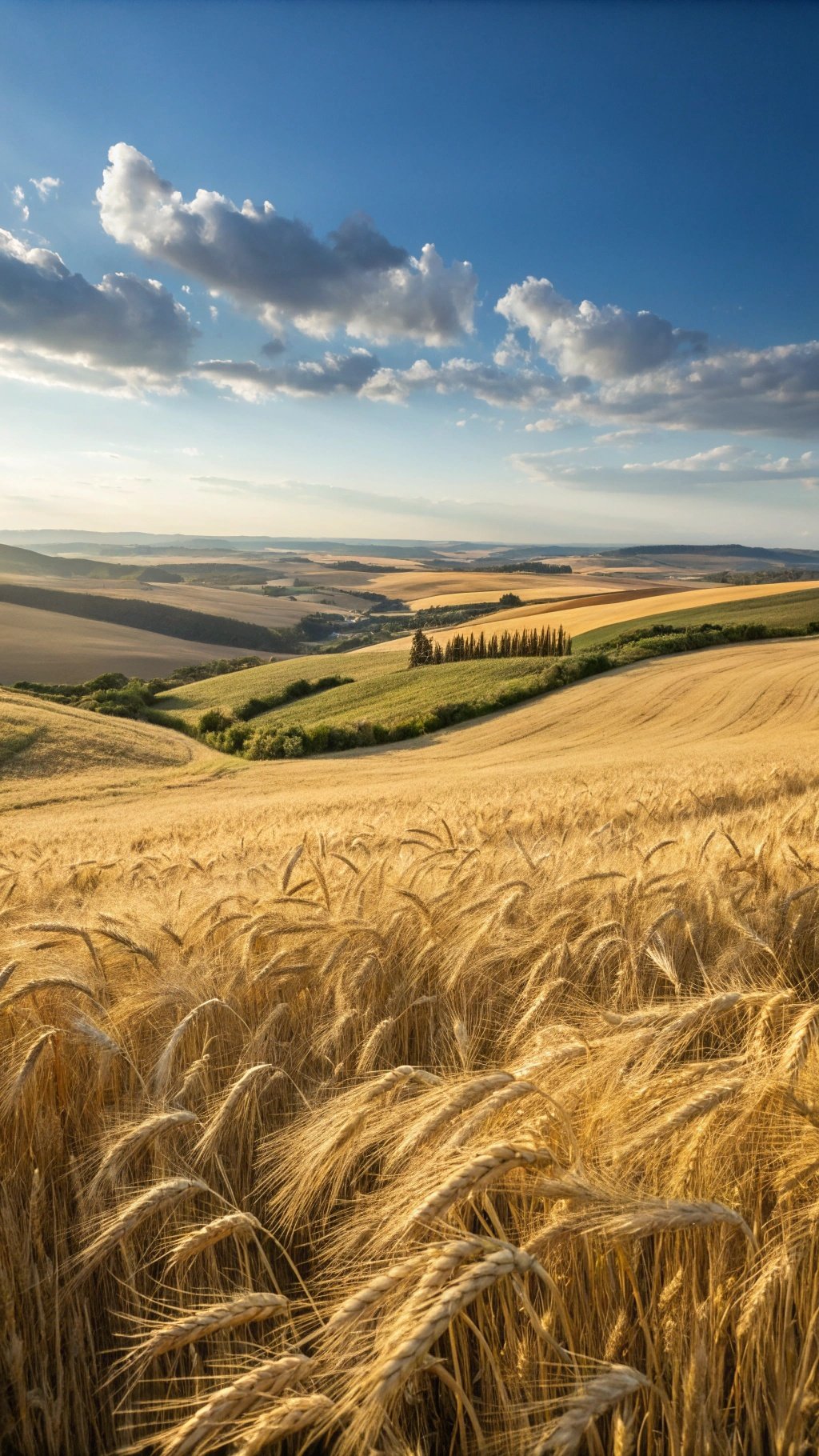 A scenic view of golden wheat fields under a blue sky with clouds.