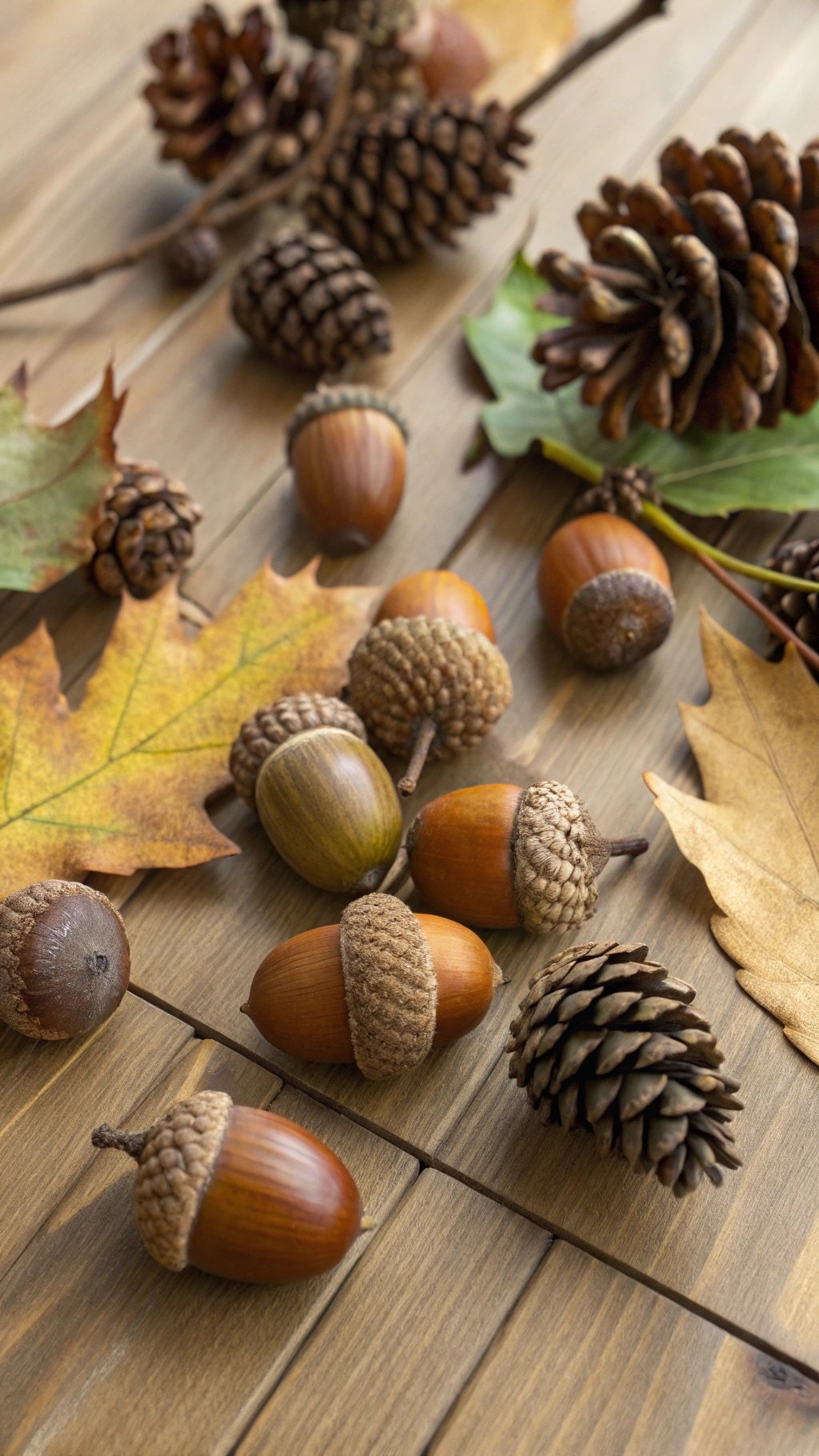 A collection of fallen acorns, pine cones, and autumn leaves on a wooden surface.