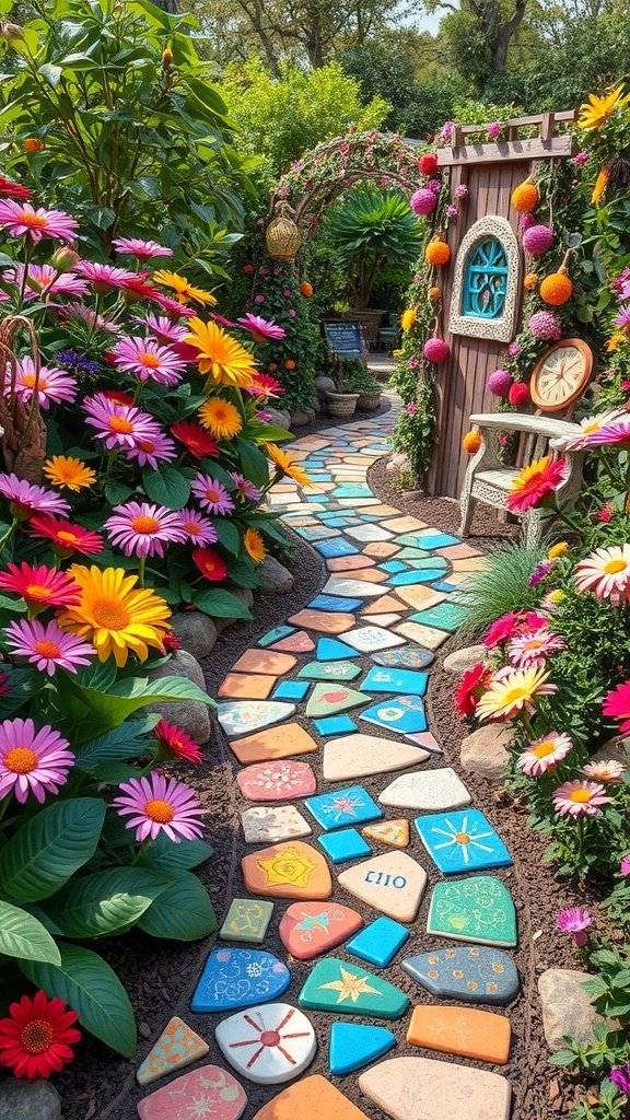 A colorful mosaic garden path surrounded by vibrant flowers.