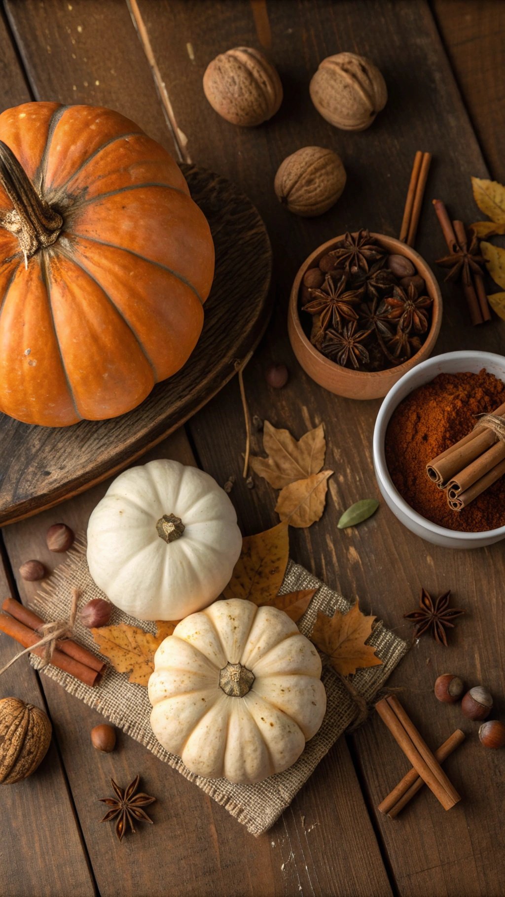 A cozy arrangement of pumpkins, spices, and autumn leaves on a wooden surface.