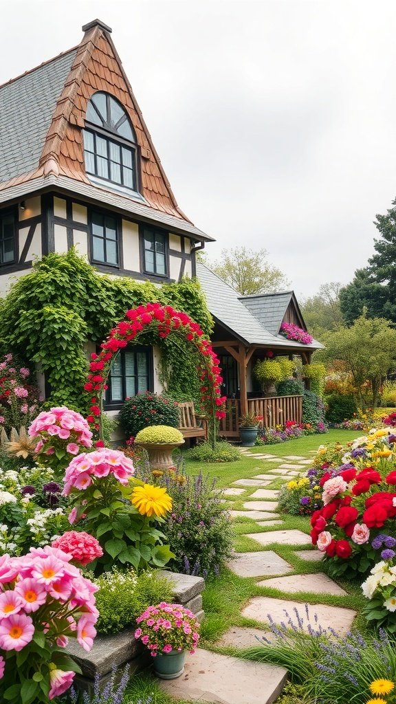 A picturesque English cottage garden filled with colorful flowers and a charming pathway.