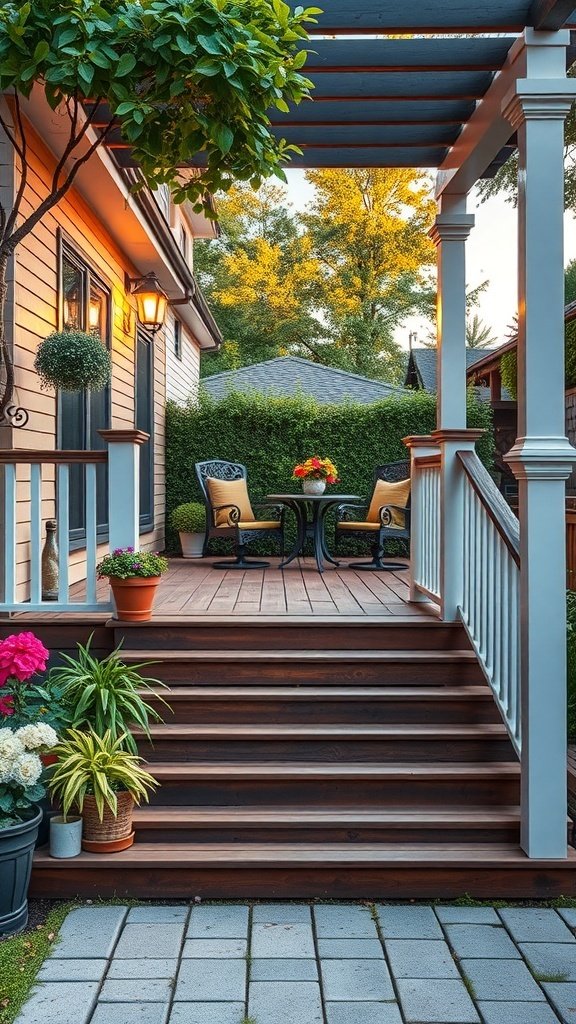 A cozy deck with steps, seating, and potted plants, showcasing a warm and inviting outdoor space.