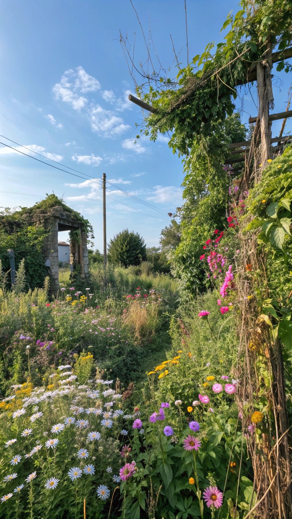A vibrant chaos garden filled with wildflowers and greenery under a blue sky.