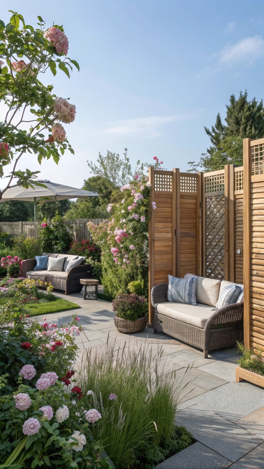 A beautiful garden with wooden privacy screens, comfortable seating, and blooming flowers.
