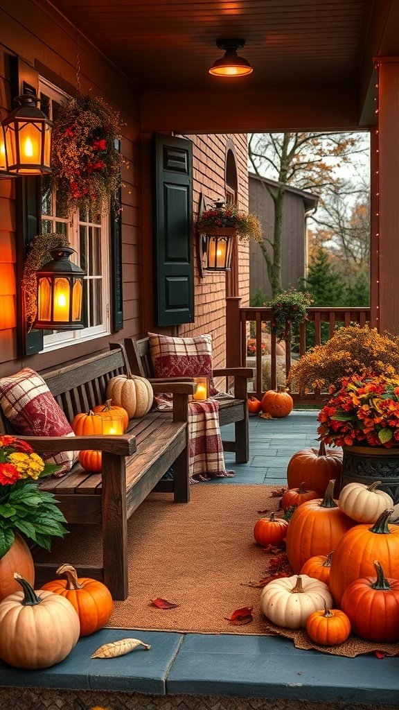 A cozy fall porch decorated with pumpkins, flowers, and warm lighting.